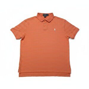VTG Polo Ralph Lauren Polo Shirt Men L Orange White Striped Preppy Golf *FLAW*‎